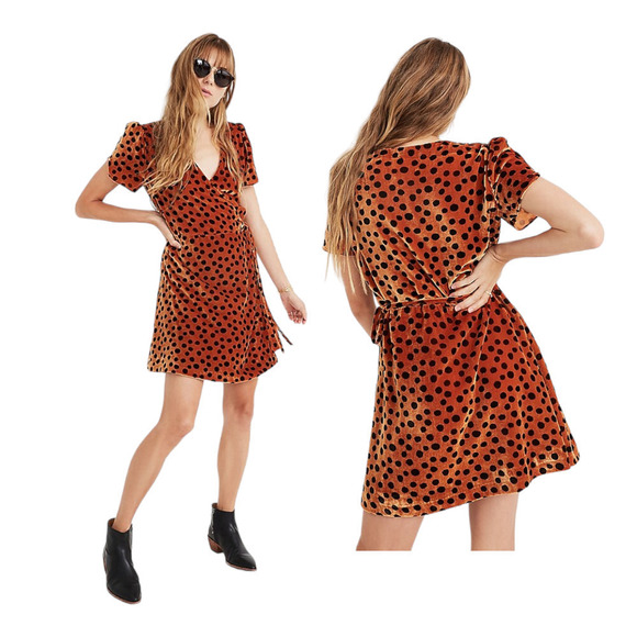 Madewell Velvet Wrap Dress in Leopard Dot Black Brown Size XS - Picture 1 of 9